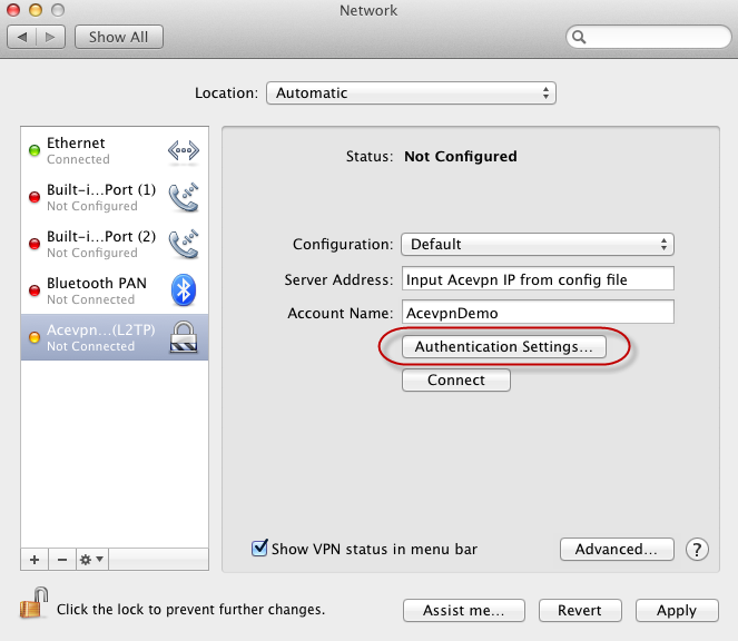 Mac L2TP VPN - Input IP address and choose Authentication Settings