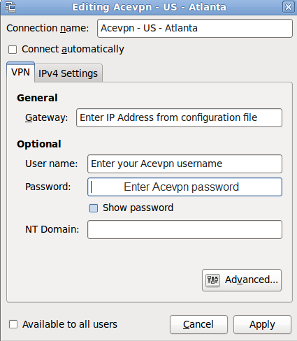 Input Acevpn connection details