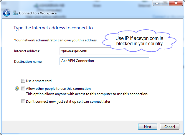 Step 4 - Ace L2TP VPN - Type the Internet address