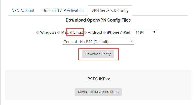Download OpenVPN config and certificate for routers