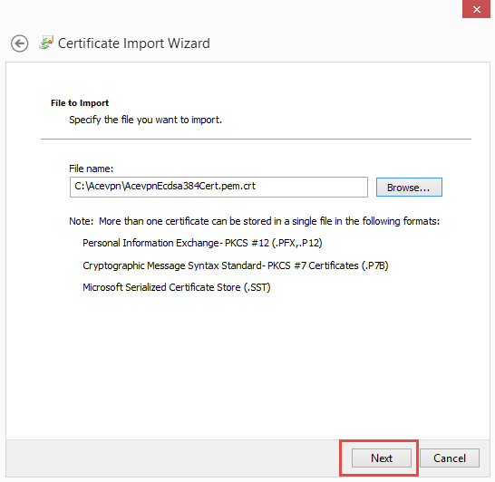 Choose certificate to import