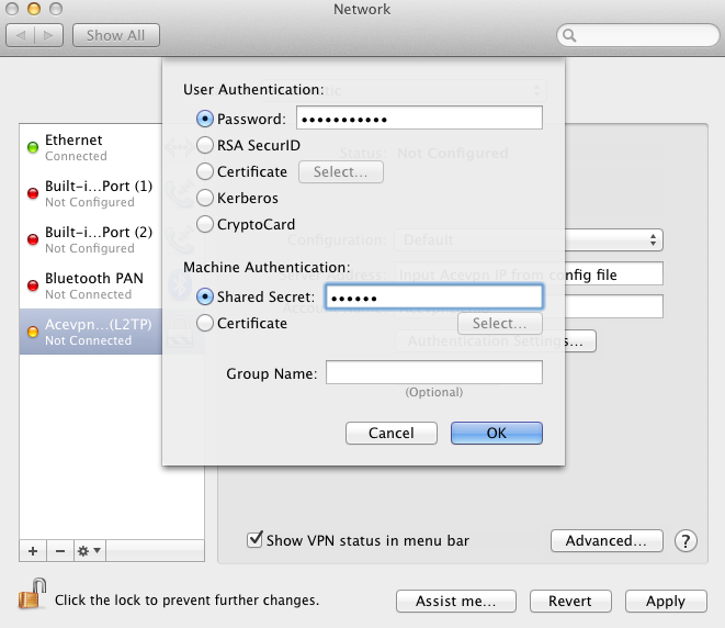 Mac L2TP VPN - Input Acevpn Password and L2TP secret