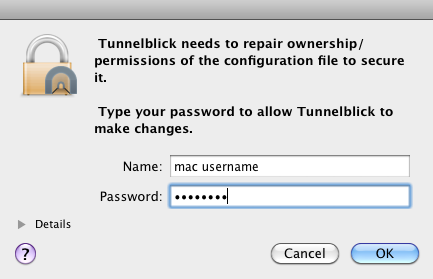Enter Mac username and password to repair permissions