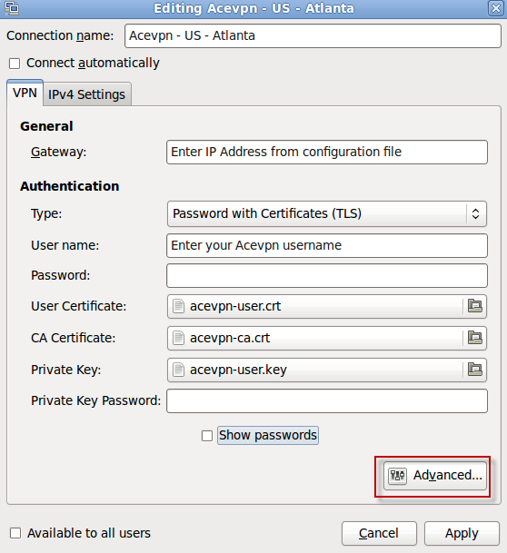 Input Acevpn connection details