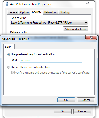 Step 2 - Ace L2TP VPN - Security Properties - Advanced - Troubleshooting