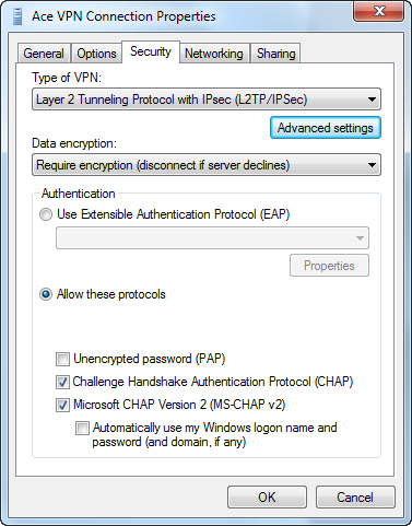 Step 1 - Ace L2TP VPN - Security Properties Troubleshooting