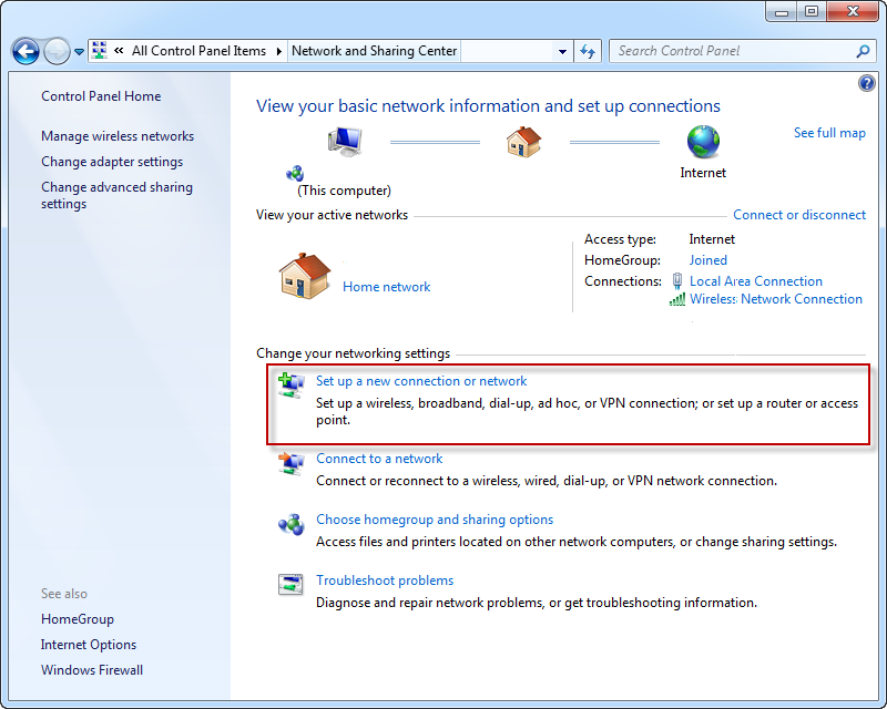 Step 1 - Ace L2TP VPN - Network and Sharing center