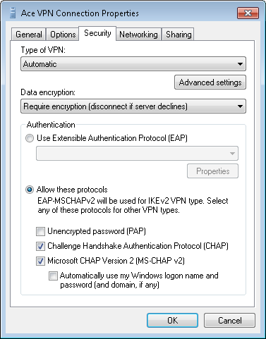 Step 1 - Ace PPTP VPN - Security Properties Troubleshooting
