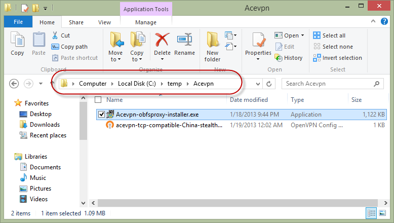 Unzip Acevpn files to temp folder