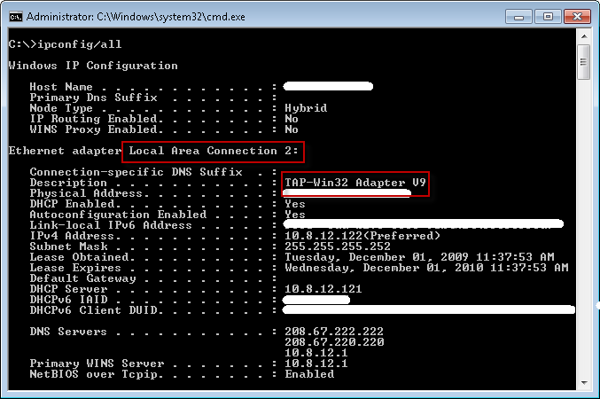 IPconfig output