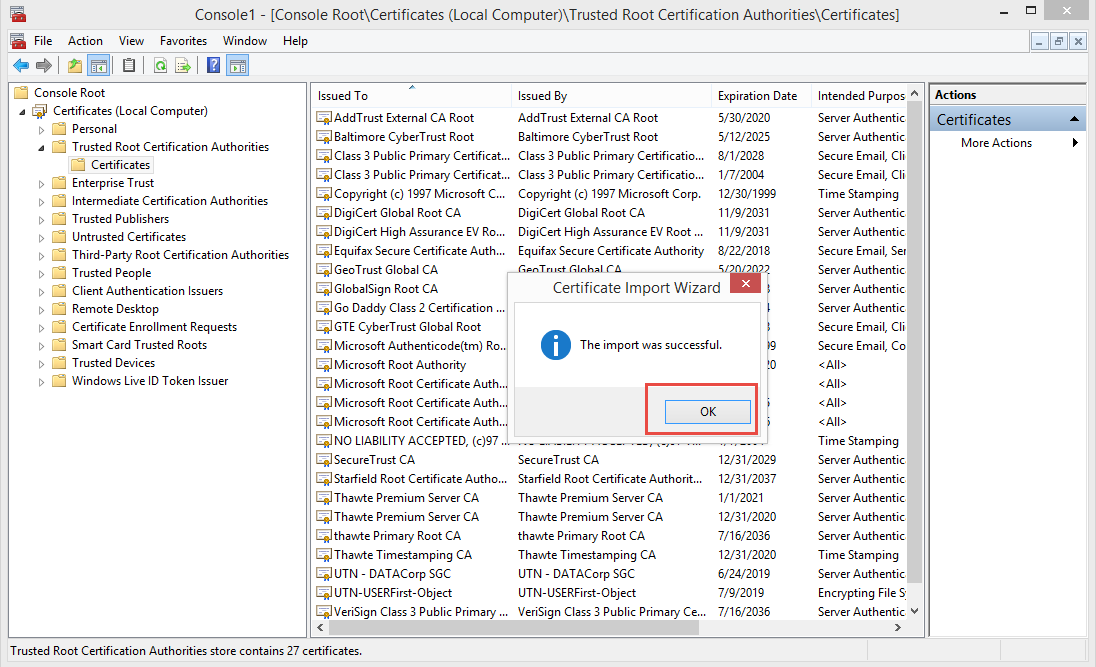 Certificate import successful dialog