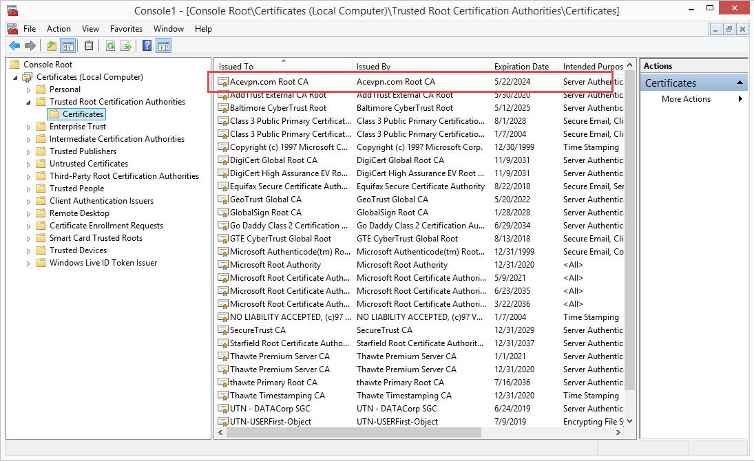 Acevpn Root CA imported