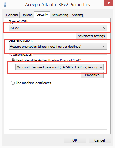 Security Tab - Type IKEv2, Require Encryption, EAP-MSCHAP v2