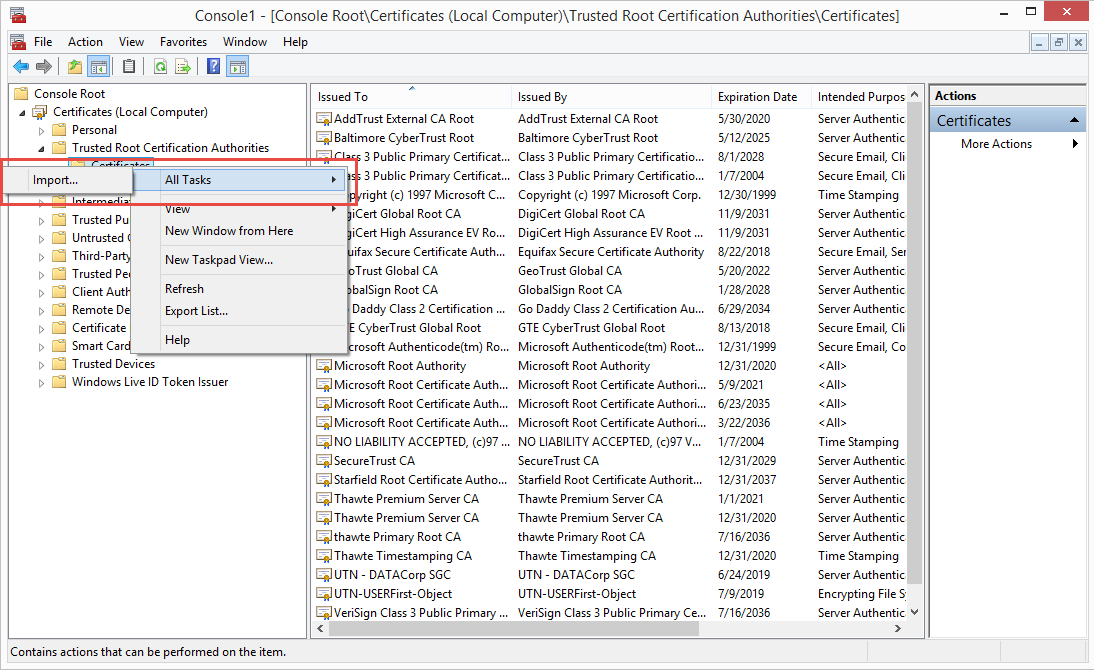 All tasks import certificate