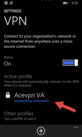 Tap on VPN profile to connect