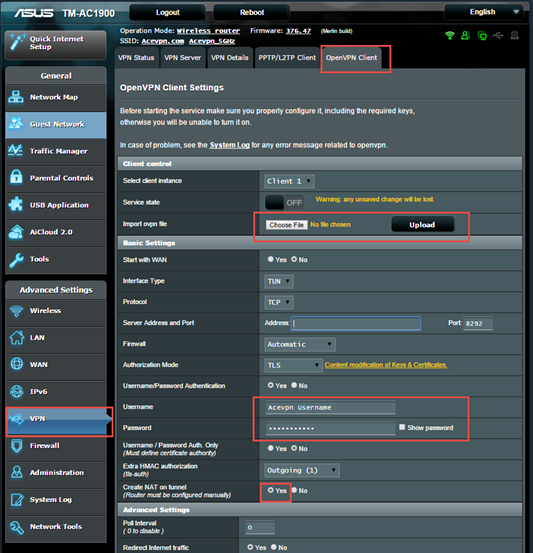 Under WAN > OpenVPN Client > Input VPN username and password”></p> </li> <li>For Redirect Internet Traffic – Choose Yes. Leave the rest to its default values</li> <li>Hit Apply button to save your changes<p><img decoding=async src=/acevpn/kb/openvpn-asuswrt-merlin/step3-redirect-internet-traffic.png alt=