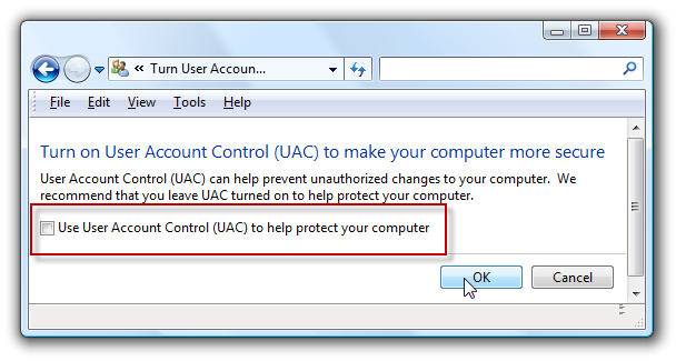 Vista UAC Uncheck